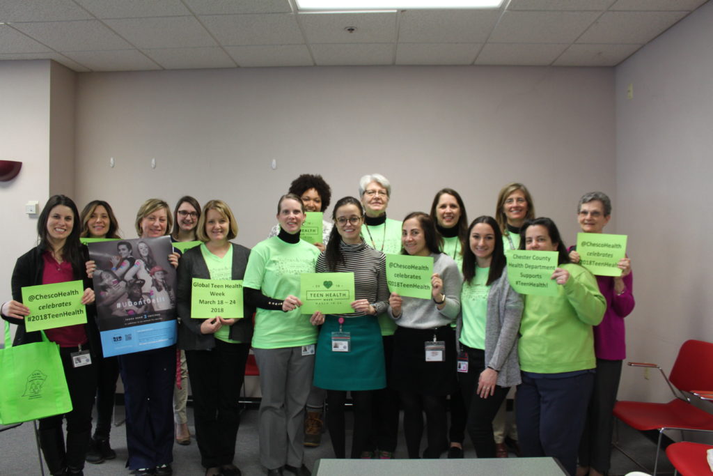 Chester County Immunization Coalition Celebrates Teen Health Week 2018! I wanted to send a shout out to Phoenixville High School and West Chester East for embracing Teen Health Week with activities specific to teen health topics, provided by our Personal Health Service staff. See image for photo of Dr. Cassidy and some of our Health Department staff embracing lime green to celebrate Teen Health Week. Hopefully we can build on this to provide more activities into our high schools for 2019 Teen Health Week. Thanks again to everyone on the committee who worked on this project.